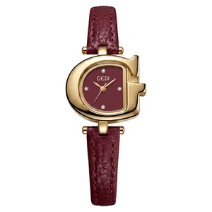 Elegante reloj de cuarzo GEDI para mujer con correa de cuero burdeos y caja en G