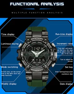 Close-up detail of Sanda tactical digital watch functions and water resistant features