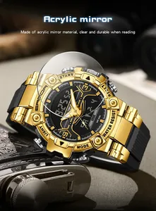 Detail showing the acrylic mirror of a Sanda gold men's digital sports watch.
