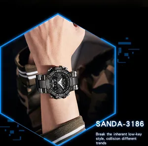 Close-up of SANDA 3186 men's tactical digital watch with dual display on a male wrist