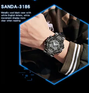 Close-up of SANDA 3186 men's tactical watch with dual display and camo jacket sleeve