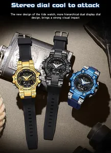 Close-up of three SANDA multi-functional sports watches in gold, black, and blue colors