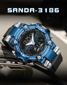Close-up detail of SANDA 3186 blue multifunctional men's sports watch, 50m waterproof