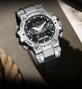 Close-up of Sanda men's dual display waterproof sports watch with silver finish