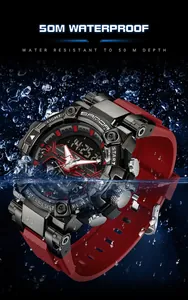 Detailed view of Sanda men's waterproof digital watch submerged in water splashes