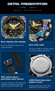 Detailed product features of SANDA men's sports watch showing zinc alloy case and TPU strap
