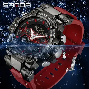SANDA Multi-Functional Men's Waterproof Sports Watch with Digital-Analog Display and Red Strap