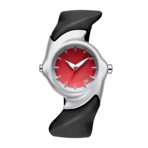 Futuristic Y2K asymmetric quartz watch with red dial and black sculpted rubber strap.