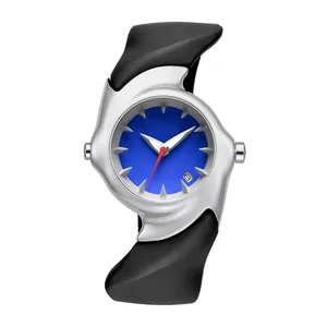 Detailed view of futuristic Y2K irregular twisted quartz watch with blue dial and silver case