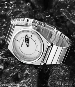 Detail view of BOSME quartz watch with unique God's Eye hour hand on a steel band.