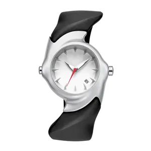 Futuristic Y2K style twisted silver watch with matte black strap and date display window
