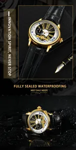 Detailansicht der Forsining Automatikuhr mit goldenem Skelett-Zifferblatt und Lederarmband