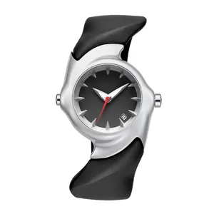 Detailed macro view of a futuristic Y2K style distorted silver quartz watch with black rubber strap