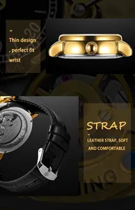 Seitenansicht des goldenen Gehäuses und Lederarmbandes einer mechanischen Herrenuhr