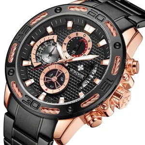 WWOOR Herren Luxus Chronograph Uhr mit schwarzem Edelstahlband und roségoldenen Akzenten