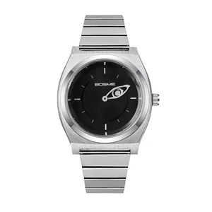 Elegant unisex minimalist quartz watch featuring a silver steel band and unique eye-shaped hand