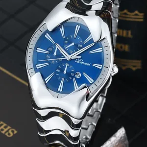 Premium silver Y2K wormhole concept men's watch with deep blue dial and steel strap