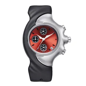 Futuristic Y2K style quartz watch featuring an asymmetrical silver case and red sunray dial
