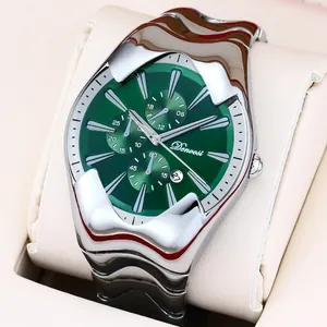 Futuristic Y2K style men's quartz watch with green sunray dial and unique silver wavy case