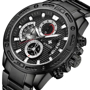 Luxuriöse Herrenuhr aus schwarzem Edelstahl mit Chronograph und geflochtener Lünette