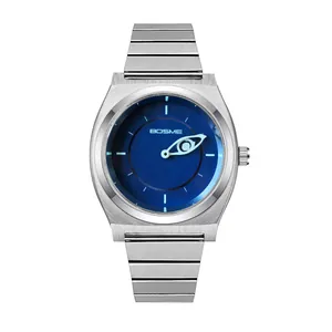 Minimalist stainless steel quartz watch with unique Eye of God hand on blue dial