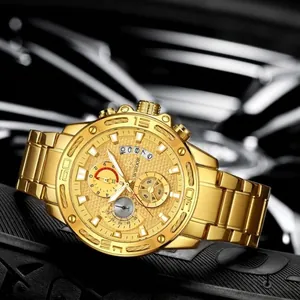 Luxuriöse goldene Herren-Chronographenuhr mit Stahlarmband und einer gewebten Lünette