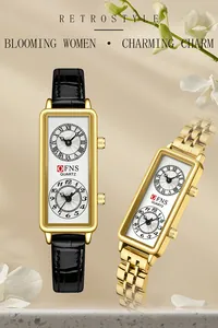 Montre à quartz rétro élégante pour femme avec double fuseau horaire et chiffres romains.