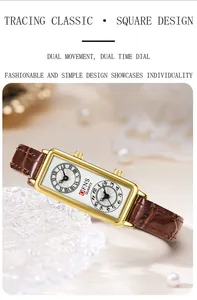 Détail de la montre rectangulaire dorée pour femme avec double cadran et bracelet marron