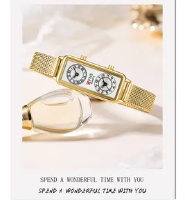 Élégante montre rectangulaire dorée pour femme avec doubles cadrans romains et arabes
