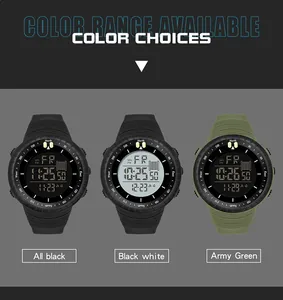 Vue détaillée de trois variantes de couleurs de montres de sport numériques : noir, blanc et vert.