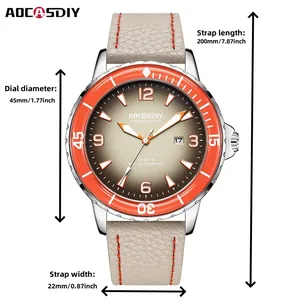 Gedetailleerde weergave van het AOCASDIY herenhorloge met de exacte afmetingen