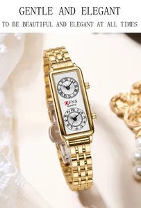 Montre à quartz rectangulaire dorée pour femme avec affichage double de l'heure élégant