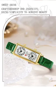 Détail de la montre vintage pour femme avec deux fuseaux horaires et bracelet vert émeraude