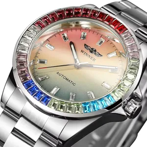 Men Automatic Mechanical Watch Rainbow Rhinestone Bezel Gradient Marble Dial Stainless Steel Band Fashion Luxury Wristwatch