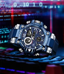 Detailed view of SMAEL blue rugged sports watch with dual display and tech background