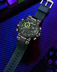 Detailed macro view of SMAEL men's military sports watch with luminous dual display dial