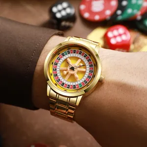 Detail shot of a men's gold watch featuring a unique rotating roulette wheel dial design.