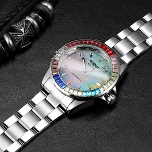 Winner luxury men's automatic watch featuring rainbow gemstone bezel and colorful dial