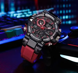 Close-up of SMAEL men's sport watch featuring red silicone strap and dual display