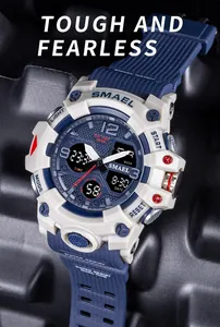 Close-up detail of SMAEL 8008 rugged outdoor sports digital watch with dual display