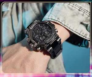 Detail view of a SMAEL men's sports watch with a rugged design and dual digital display.