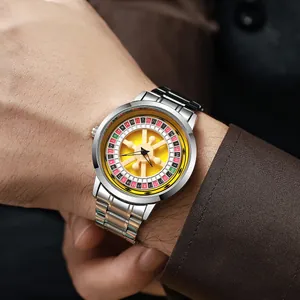 Close-up of men's stainless steel watch with unique roulette wheel rotating dial.