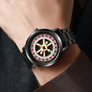 Detailed close-up of men's roulette wheel watch with black metal strap