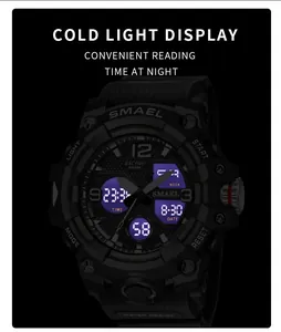 Macro view of SMAEL waterproof sports watch highlighting the purple cold light display
