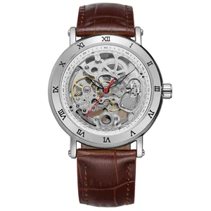 Forsining men's skeleton mechanical watch with Roman numerals and brown leather strap