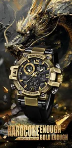 Close-up of SMAEL gold and black sports watch with dragon theme background.