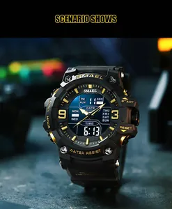 Detailed view of SMAEL men's waterproof sports digital watch with gold accents