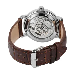 Detailed back view of FORSINING skeleton automatic mechanical watch with brown leather strap