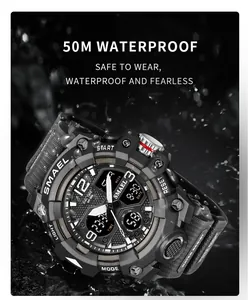 SMAEL 8008 waterproof sports watch detail with water splash showing 50m water resistance
