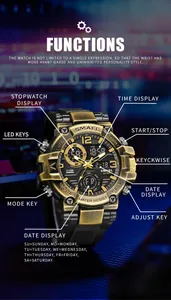 Detail view of SMAEL men's sports watch showing stopwatch, date and alarm functions